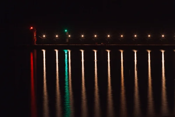 Lighthouse and Causeway Lights Reflected — Stock Photo, Image