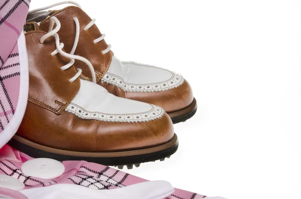 Senhoras sapatos de golfe e roupas xadrez — Fotografia de Stock