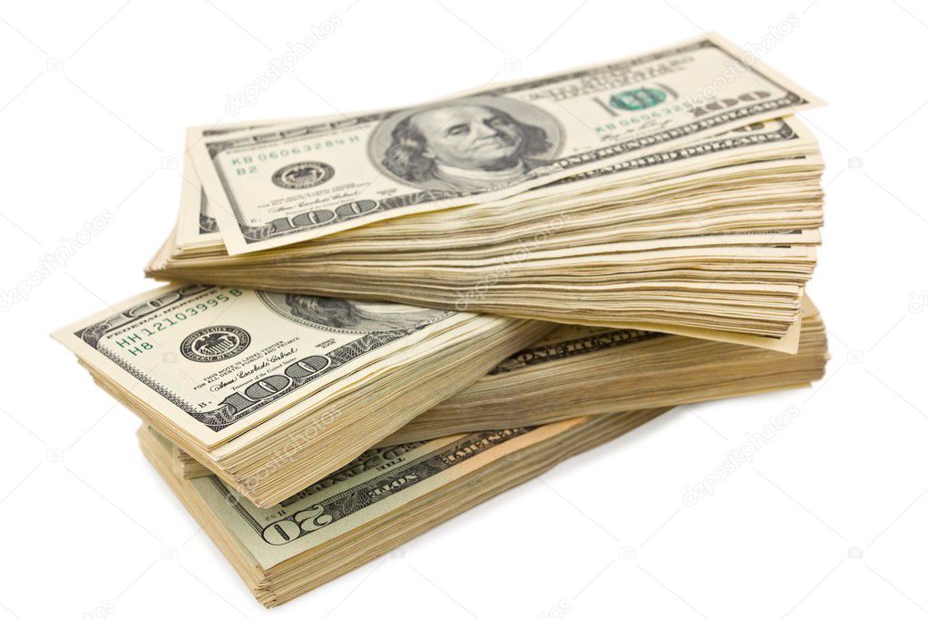 Heap of a dollar banknotes on a white background