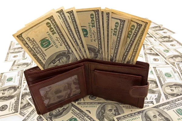 Leather purse full of money — Stock Photo, Image
