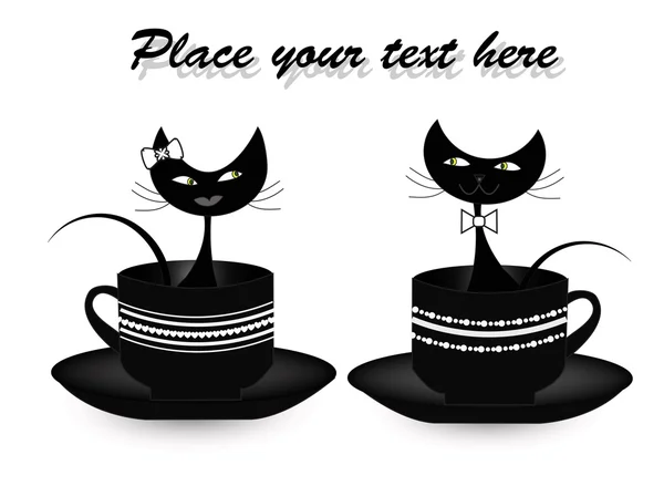 Две черные кошки сидят в чашках — стоковый вектор