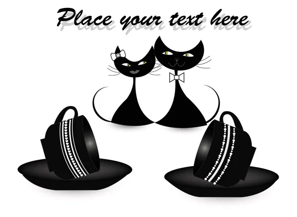 Дві емальовані чорні кішки з чашками — стоковий вектор
