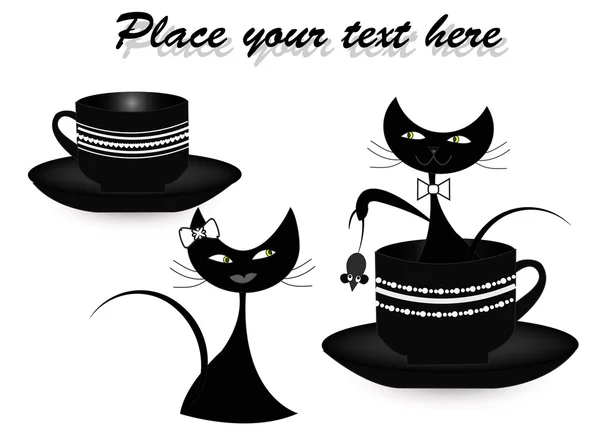 Dos gatos negros con tazas negras — Vector de stock