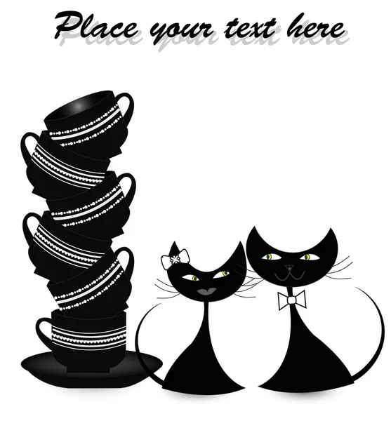 Dos gatos negros enamorados con copas — Vector de stock