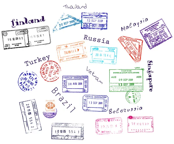 来自 9 个国家真正签证邮票 矢量图形