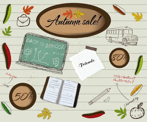 Volver a la escuela y cartel de venta de otoño . — Archivo Imágenes Vectoriales
