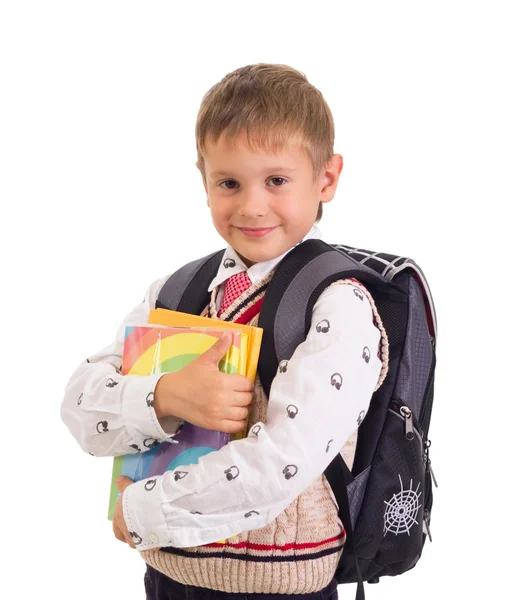 Portrait of male elementary pupil on white — Stock Photo, Image
