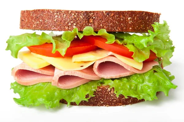Healthy ham sandwich with cheese, tomatoes and lettuce — Stock Photo, Image