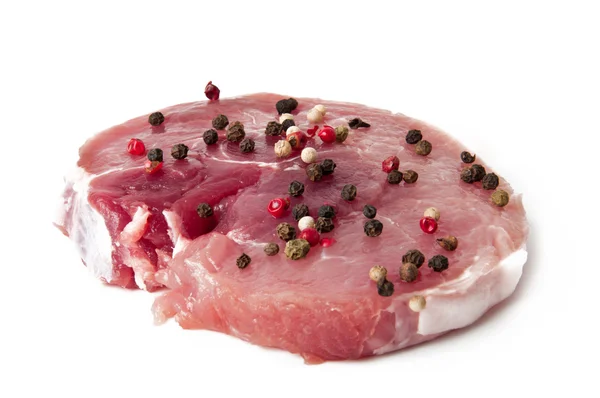 One raw fresh juicy pork steak isolated on white — Stock Photo, Image