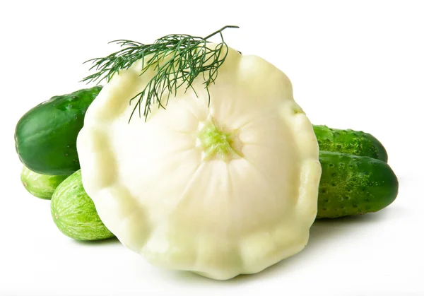 Raw ripe cucumber and squash on a white background — Stock Photo, Image