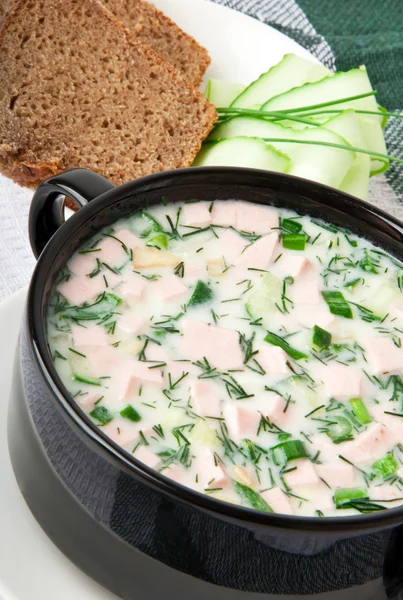 Cold vegetable kefir soup with eggs and greens — Stock Photo, Image