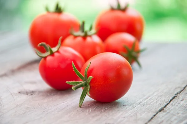 Tomates cerises fraîchement récoltées en été sur fond de bois — Photo