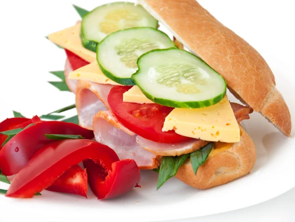 Healthy ham sandwich with cheese, tomatoes and green onions — Stock Photo, Image