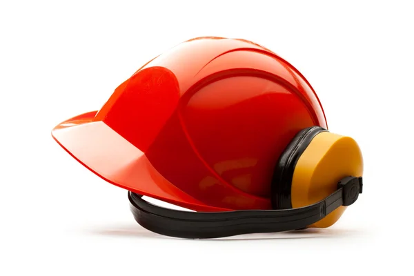 Červené bezpečnostní přilbu s sluchátka — Stock fotografie