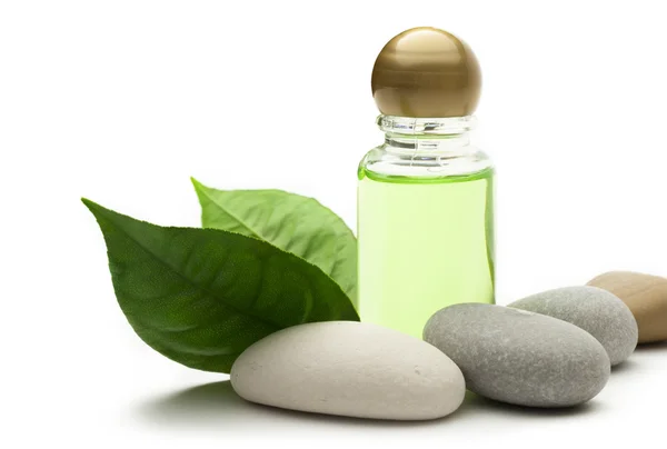 Šampon láhev s kameny a zelenými listy — Stock fotografie