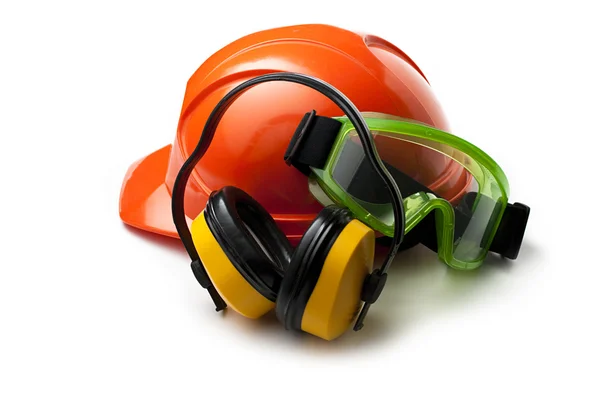 Red safety helmet with earphones and goggles — Stock Photo, Image