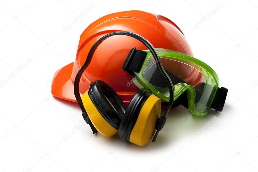 Red safety helmet with earphones and goggles