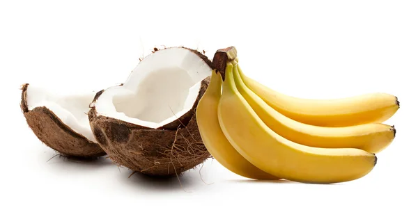 Kokosnuss und Bananen auf weiß — Stockfoto