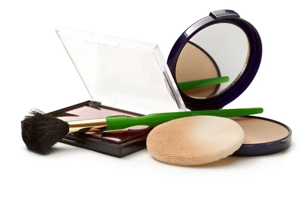 Make up powder in box and make up brush — Stock Photo, Image
