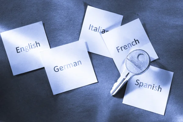Karty s různými jazyky a klíč — Stock fotografie