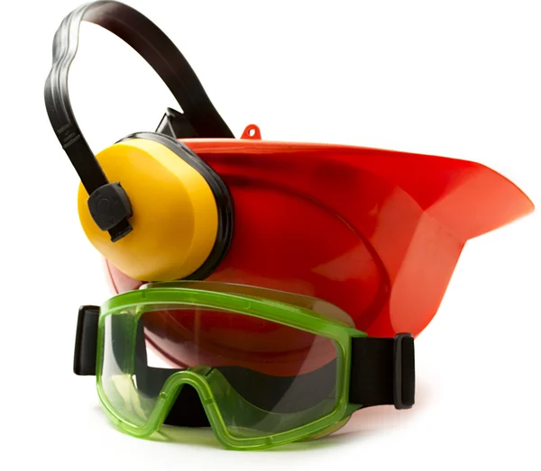 Capacete de segurança vermelho com fones de ouvido e óculos — Fotografia de Stock