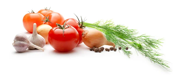 Tomates, cebolas, pimenta e alho — Fotografia de Stock