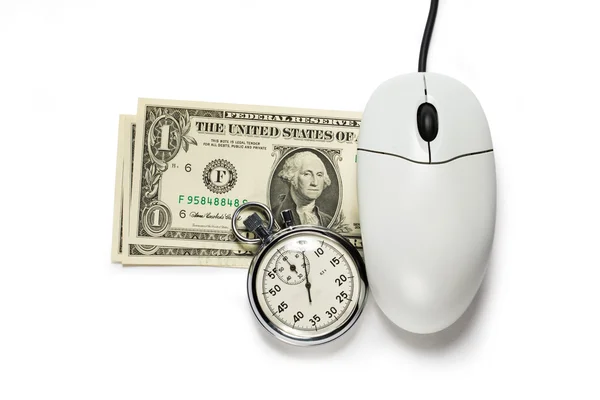 Computer mouse with dollar banknotes and stopwatch — Stock Photo, Image