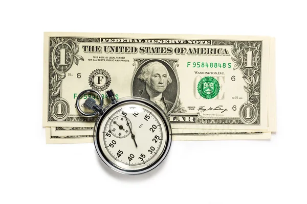 Notas de dólar e cronómetro — Fotografia de Stock