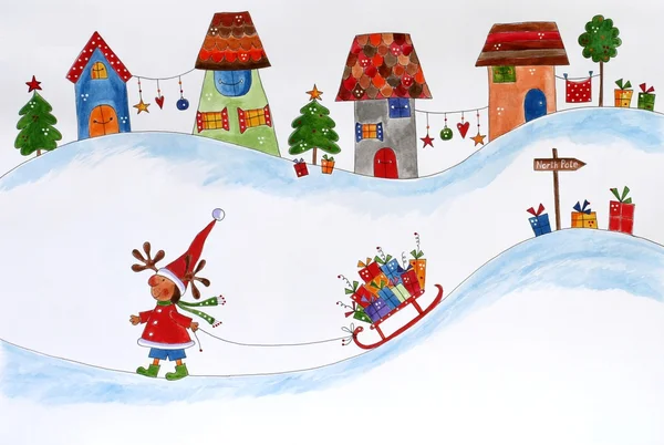 Christmas card. Reindeer with gift wraps. — Stock Photo, Image