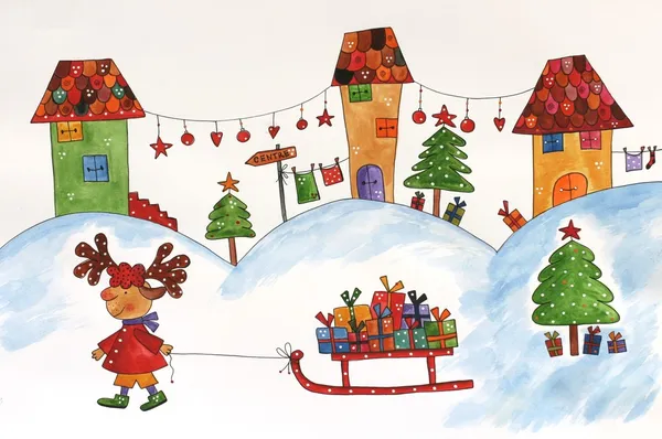 Christmas card. Reindeer with gift wraps. — Stock Photo, Image