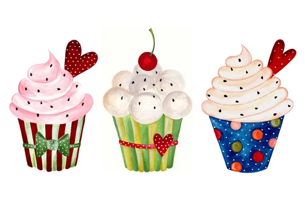 Set of cupcake. Watercolors on paper — Stock Photo, Image