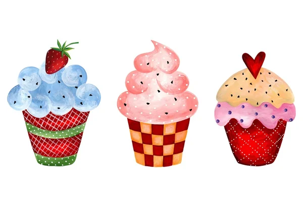 Conjunto de cupcakes. Aquarelas sobre papel — Fotografia de Stock