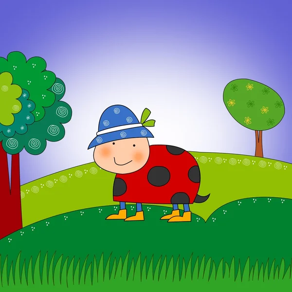 Marienkäfer im Wald. Zeichentrickfigur. — Stockfoto