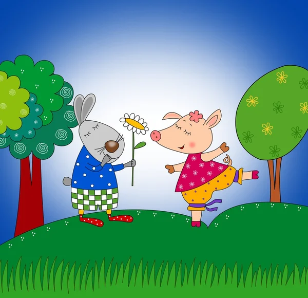 Kaninchen und Schwein. Zeichentrickfigur. — Stockfoto