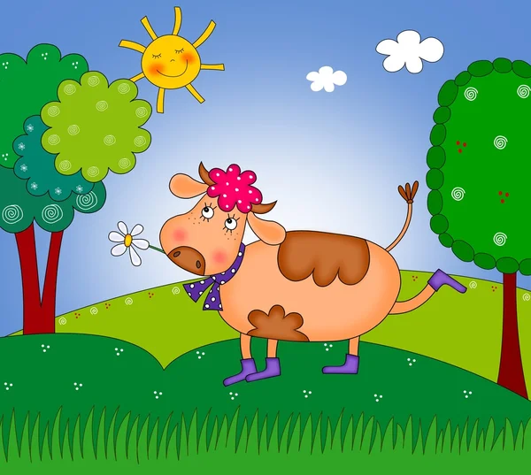 快乐牛在草地上行走 — 图库照片