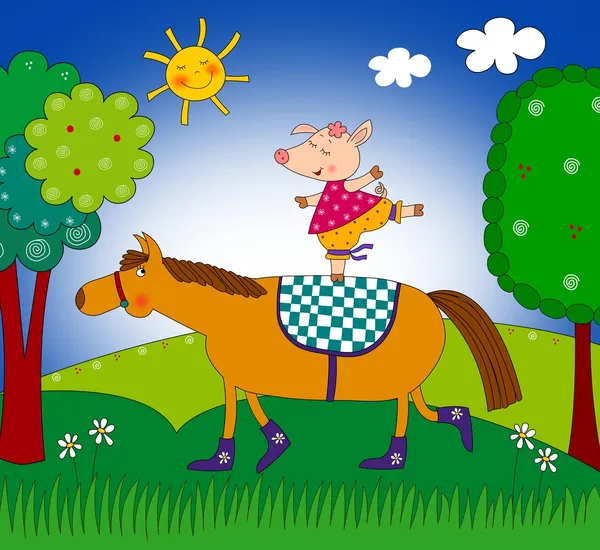 Счастливая свинья и лошадь — стоковое фото