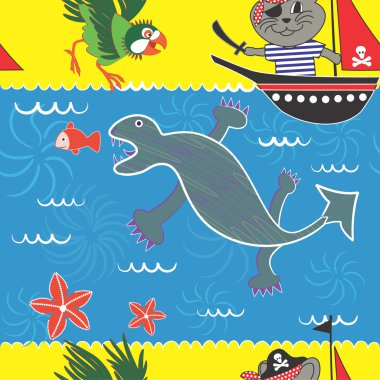 Seamless Pattern with a Pirate Tomcat Theme clipart