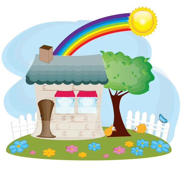 Petite maison familiale soleil et trois et fleurs — Image vectorielle