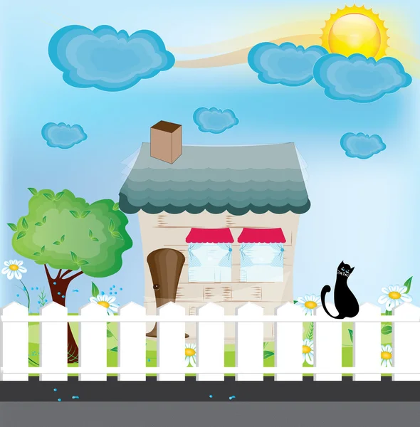 Chat sur une clôture et une belle maison — Image vectorielle