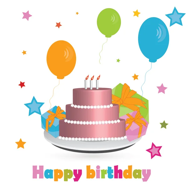 Прекрасный торт и воздушные шары на день рождения — стоковый вектор