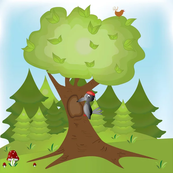 キツツキは木に鳥のイラスト — ストックベクタ