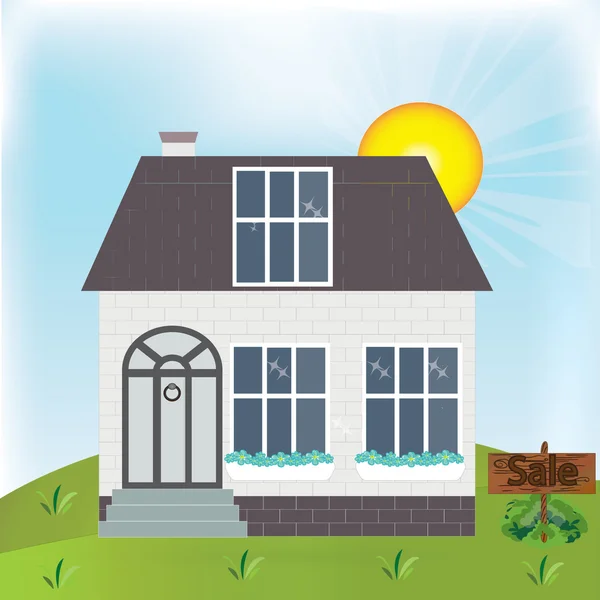 Klein landelijk huis verkoop .house voor verkoop teken in de voorkant van het huis wordt. — Stockvector