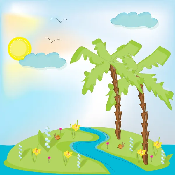 Adası palmiye ağacı ve güneş vektör çizimler — Stok Vektör
