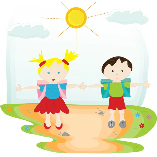 Amigos de la escuela, Ilustración de regreso a la escuela con niños felices — Vector de stock