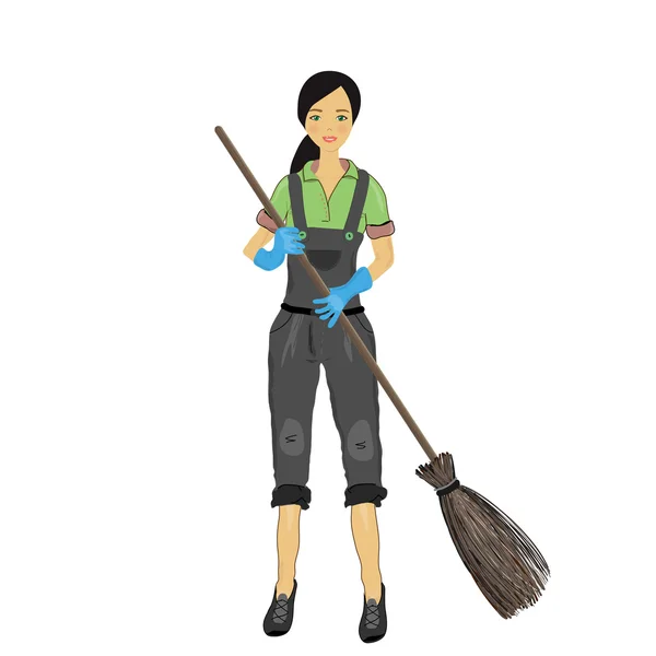 A pretty young woman with a broom in his hand. — Stock Vector