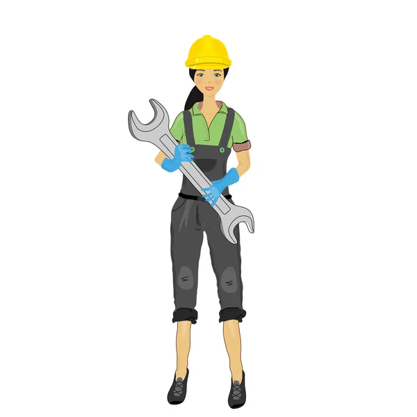 Girl yellow helmet with a wrench isolated on white — Stock Vector