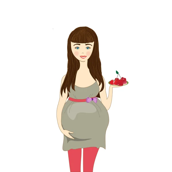 Беременная женщина держит блюдце с ягодами — стоковый вектор