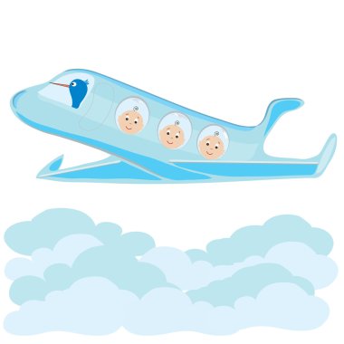 Stork carries on a plane triplets baby boys clipart