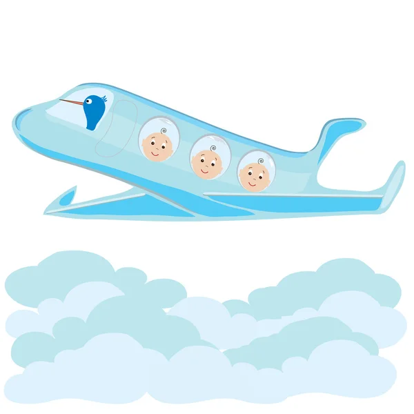Stork carries on a plane triplets baby boys — Stock Vector