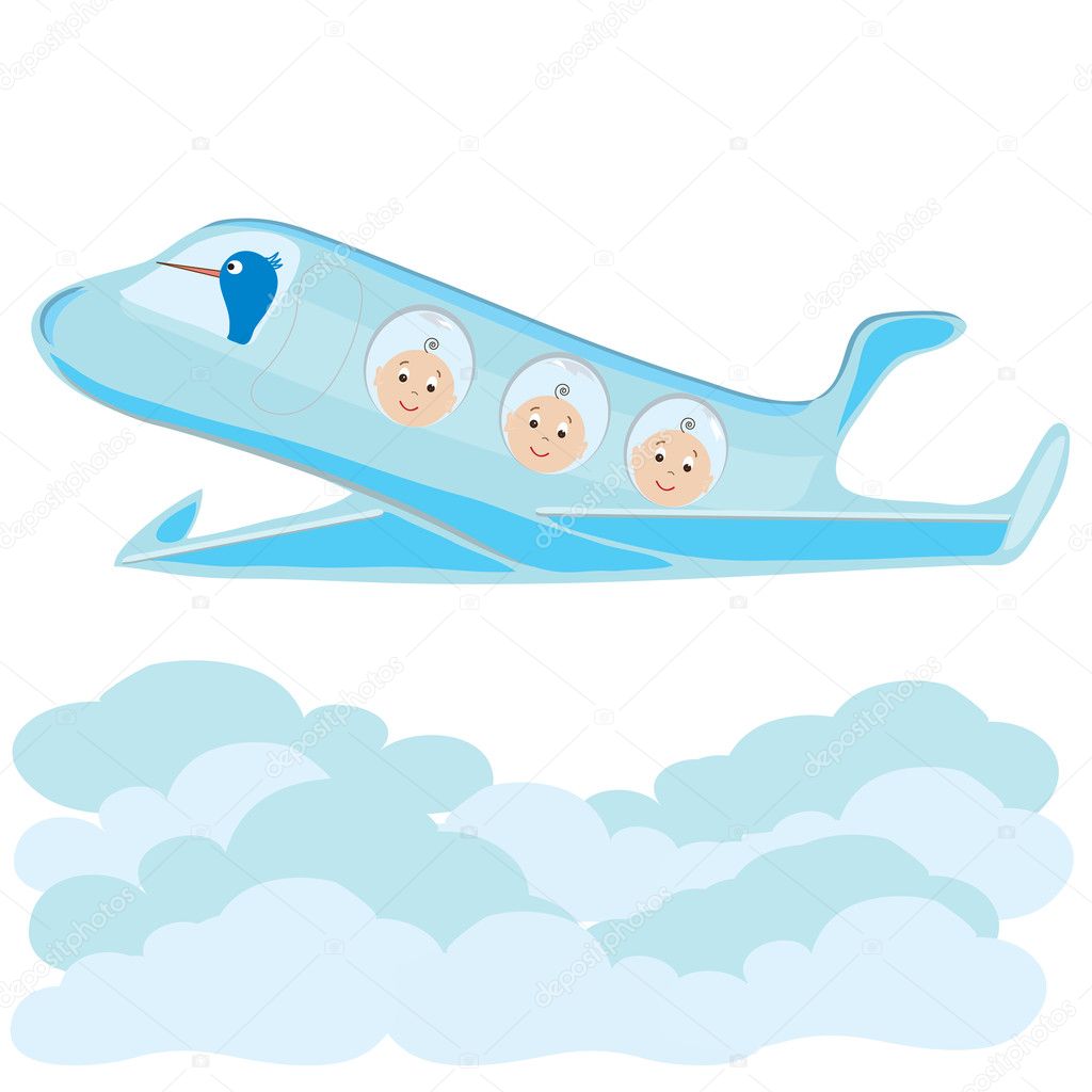 Stork carries on a plane triplets baby boys